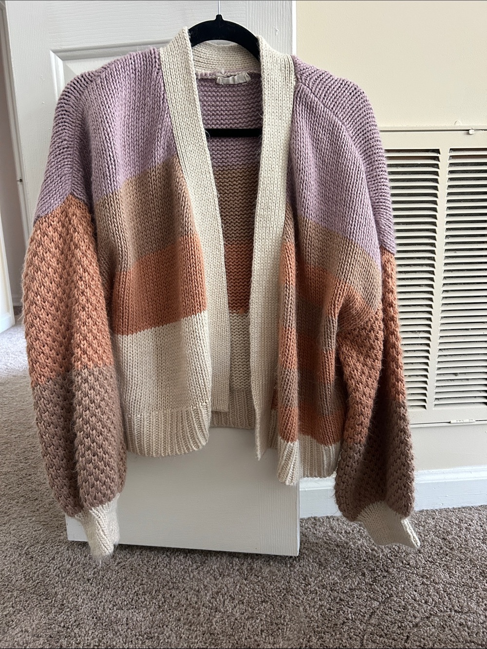 Open Front Colorblock Cardigan in Cream, Lavender & Rust